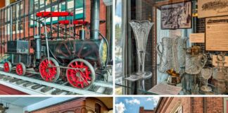 Collage of four scenes from the Wayne County Historical Society Museum in Honesdale, Pennsylvania, featuring a scale model of the Stourbridge Lion locomotive, a display of ornate cut glassware made in the county, a Delaware & Hudson Canal Company gravity railroad passenger car, and the exterior of the historic 1860 museum building.