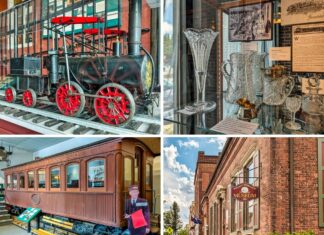 Collage of four scenes from the Wayne County Historical Society Museum in Honesdale, Pennsylvania, featuring a scale model of the Stourbridge Lion locomotive, a display of ornate cut glassware made in the county, a Delaware & Hudson Canal Company gravity railroad passenger car, and the exterior of the historic 1860 museum building.