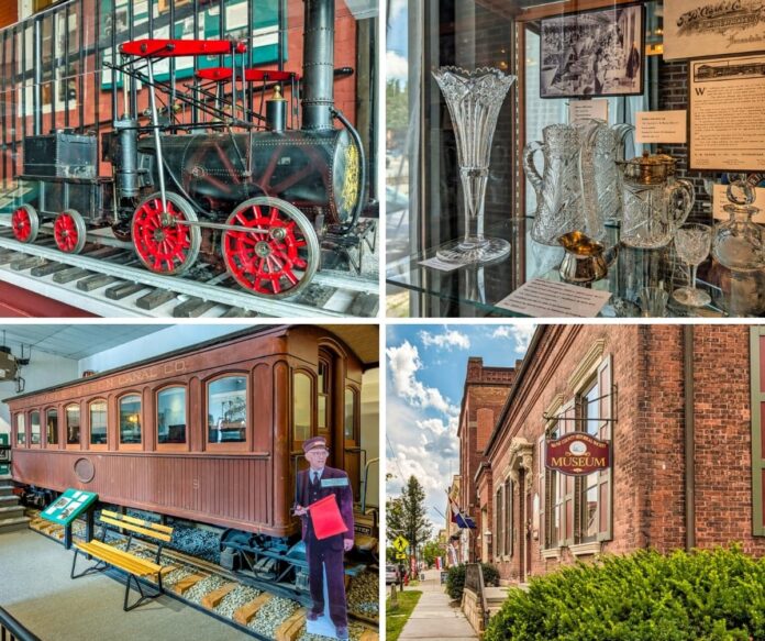 Collage of four scenes from the Wayne County Historical Society Museum in Honesdale, Pennsylvania, featuring a scale model of the Stourbridge Lion locomotive, a display of ornate cut glassware made in the county, a Delaware & Hudson Canal Company gravity railroad passenger car, and the exterior of the historic 1860 museum building.