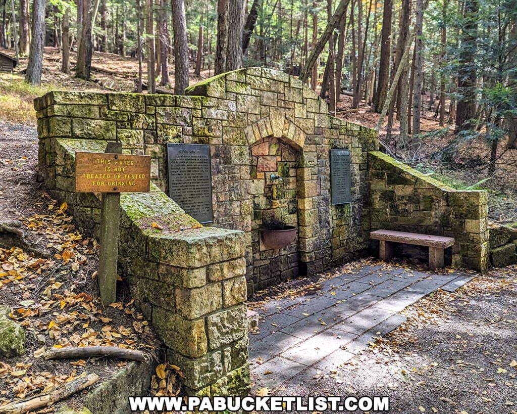 Stone springhouse monument at the Forest Cathedral in Cook Forest State Park, Pennsylvania, featuring a central spout, historical plaques, a warning sign about untreated water, and a wooden bench surrounded by tall hemlock and pine trees.