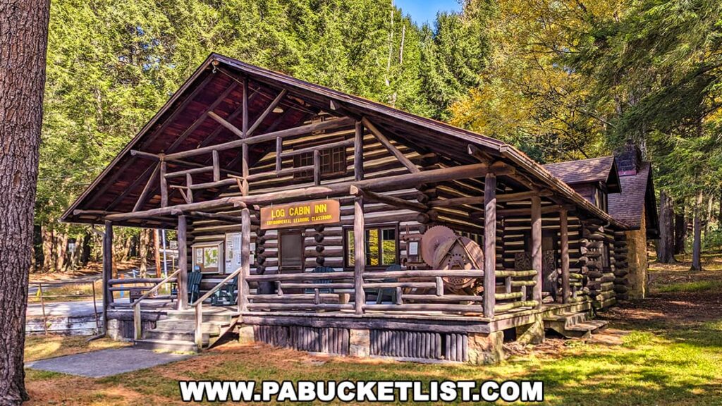 Rustic log cabin with a wide front porch and wooden railing, marked with a sign reading "Log Cabin Inn Environmental Learning Classroom," surrounded by tall evergreens and autumn foliage at the Forest Cathedral in Cook Forest State Park, Pennsylvania.