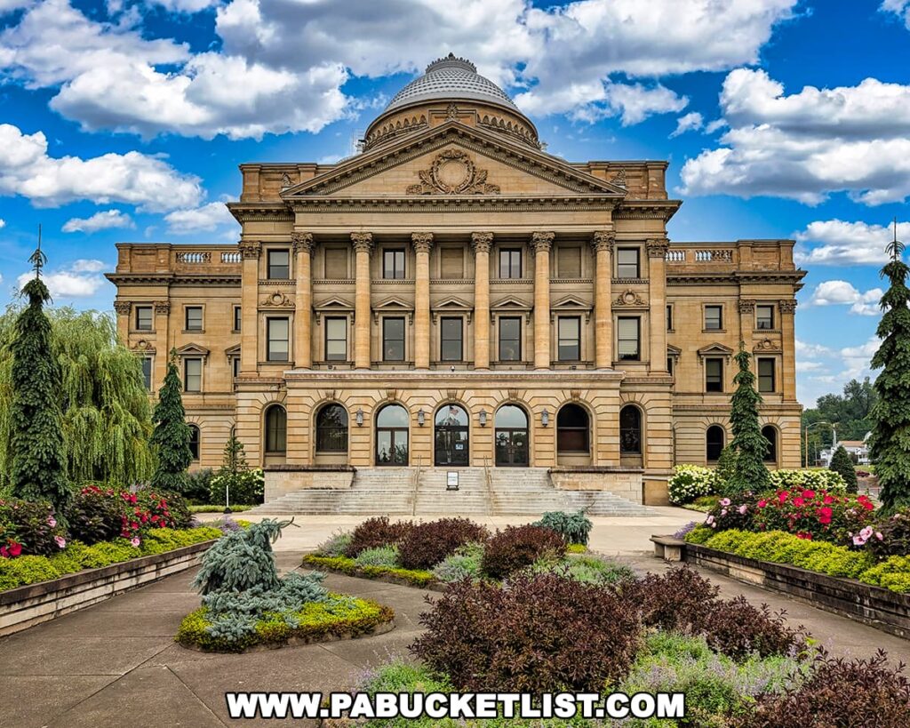 Front view of the Luzerne County Courthouse in Wilkes-Barre, Pennsylvania, with its grand domed roof, columns, and landscaped gardens under a bright blue sky with scattered clouds.