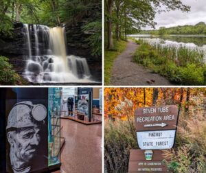 Collage of Luzerne County attractions including a waterfall at Ricketts Glen State Park, a lakeside trail at Nescopeck State Park, exhibits at the Anthracite Heritage Museum, and the Seven Tubs Recreation Area entrance sign surrounded by fall foliage.