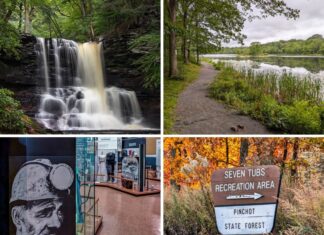 Collage of Luzerne County attractions including a waterfall at Ricketts Glen State Park, a lakeside trail at Nescopeck State Park, exhibits at the Anthracite Heritage Museum, and the Seven Tubs Recreation Area entrance sign surrounded by fall foliage.