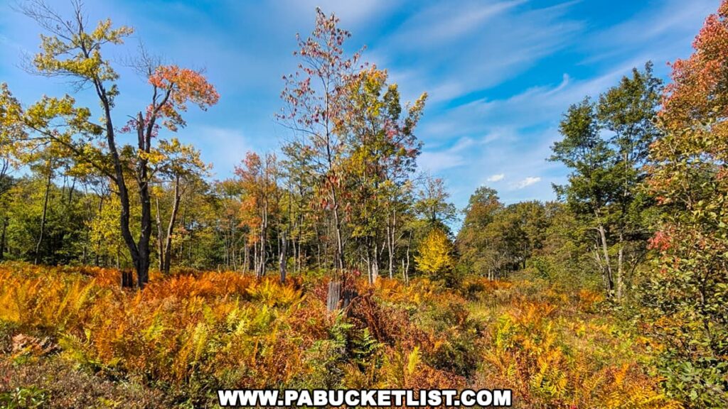 Early autumn scene at SB Elliott State Park in Clearfield County, Pennsylvania, with golden ferns covering the forest floor, scattered trees showing hints of red, orange, and yellow foliage, and a backdrop of bright blue sky with wispy white clouds above the surrounding Moshannon State Forest.