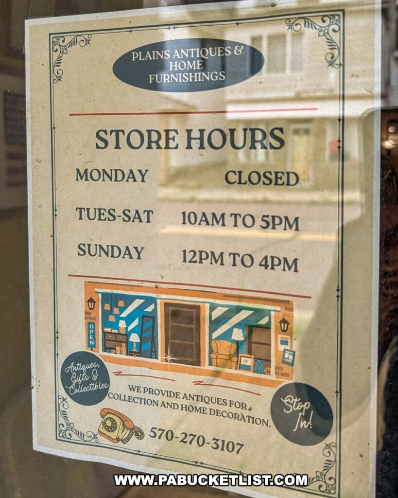 Store hours sign for Plains Antiques and Home Furnishings in Luzerne County, PA, showing the shop is closed Mondays, open Tuesday through Saturday from 10 AM to 5 PM, and Sundays from 12 PM to 4 PM, with decorative graphics promoting antiques, gifts, and collectibles.