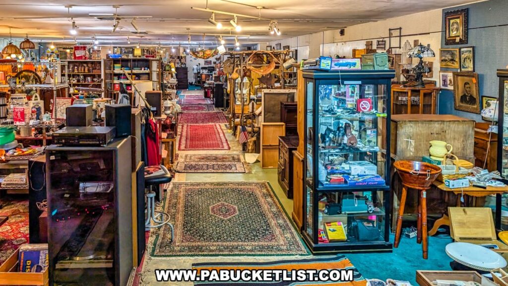 Aisle inside Plains Antiques in Luzerne County, PA, lined with colorful rugs and vendor booths displaying vintage furniture, glassware, collectibles, artwork, lamps, and display cases filled with small antiques in this two-level multi-vendor antique shop near Wilkes-Barre.
