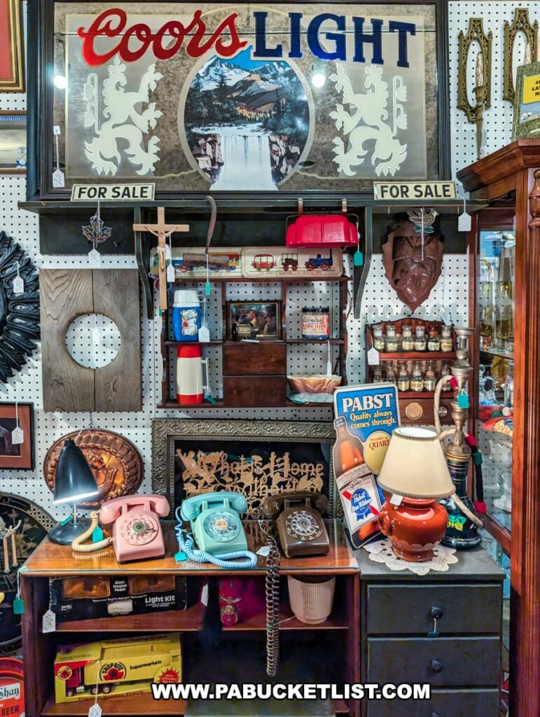 Vintage display at Plains Antiques in Luzerne County, PA, featuring rotary telephones, beer collectibles including a Coors Light sign and Pabst display, along with lamps, glassware, and assorted retro decor in this two-level multi-vendor antique shop near Wilkes-Barre.