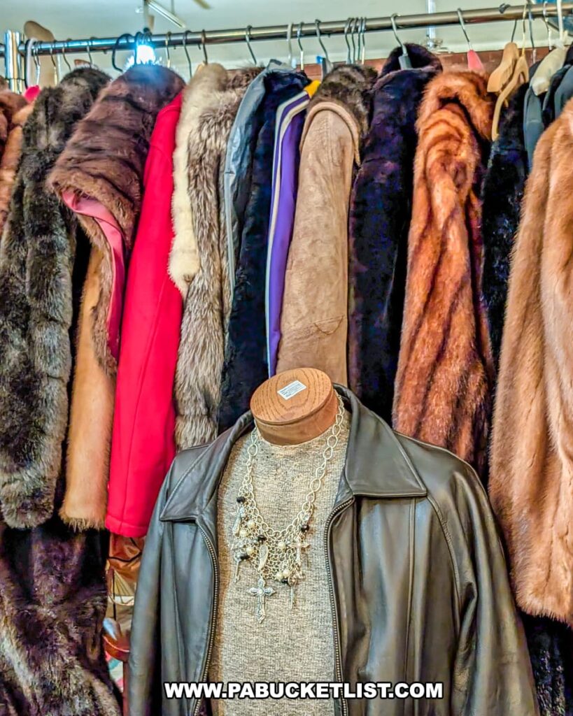 Rack of vintage fur and leather coats on display at Plains Antiques in Luzerne County, PA, with a mannequin dressed in a leather jacket, sweater, and ornate necklace showcasing the variety of retro clothing available at this two-level multi-vendor antique shop near Wilkes-Barre.