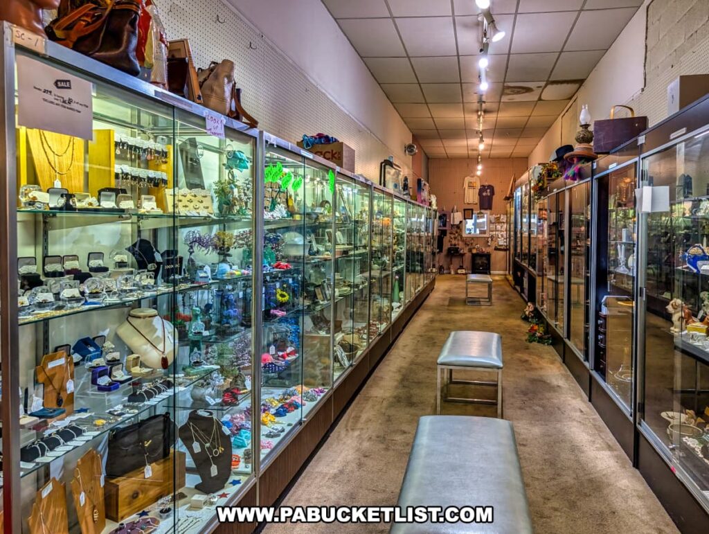 Glass display cases filled with vintage jewelry, handbags, and collectibles line a brightly lit aisle at Plains Antiques in Luzerne County, PA, part of the two-level multi-vendor antique shop near Wilkes-Barre.
