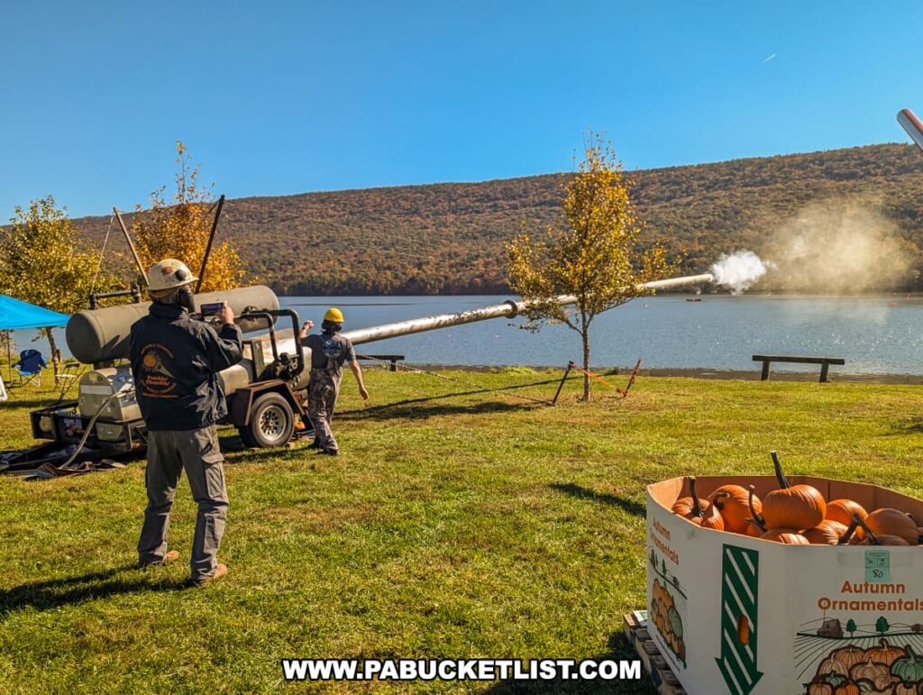 Workers operating an air cannon launch pumpkins across Sayers Lake during the Punkin Chunkin Fall Festival at Bald Eagle State Park in Centre County, PA, with autumn foliage covering the hillsides and a large bin of pumpkins in the foreground.