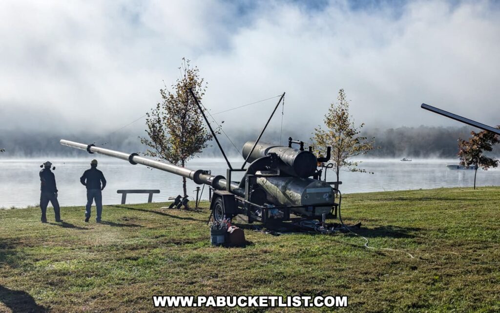 An air cannon set up along the shoreline of Sayers Lake during the Punkin Chunkin Fall Festival at Bald Eagle State Park in Centre County, PA, with two participants standing nearby on a foggy autumn morning as boats drift in the mist across the water.
