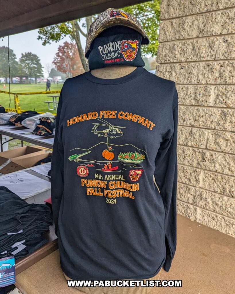 A mannequin displays a Howard Fire Company long-sleeve shirt and matching hat for sale at the 14th Annual Punkin Chunkin Fall Festival at Bald Eagle State Park in Centre County, PA, with tables of festival merchandise set up under a pavilion.