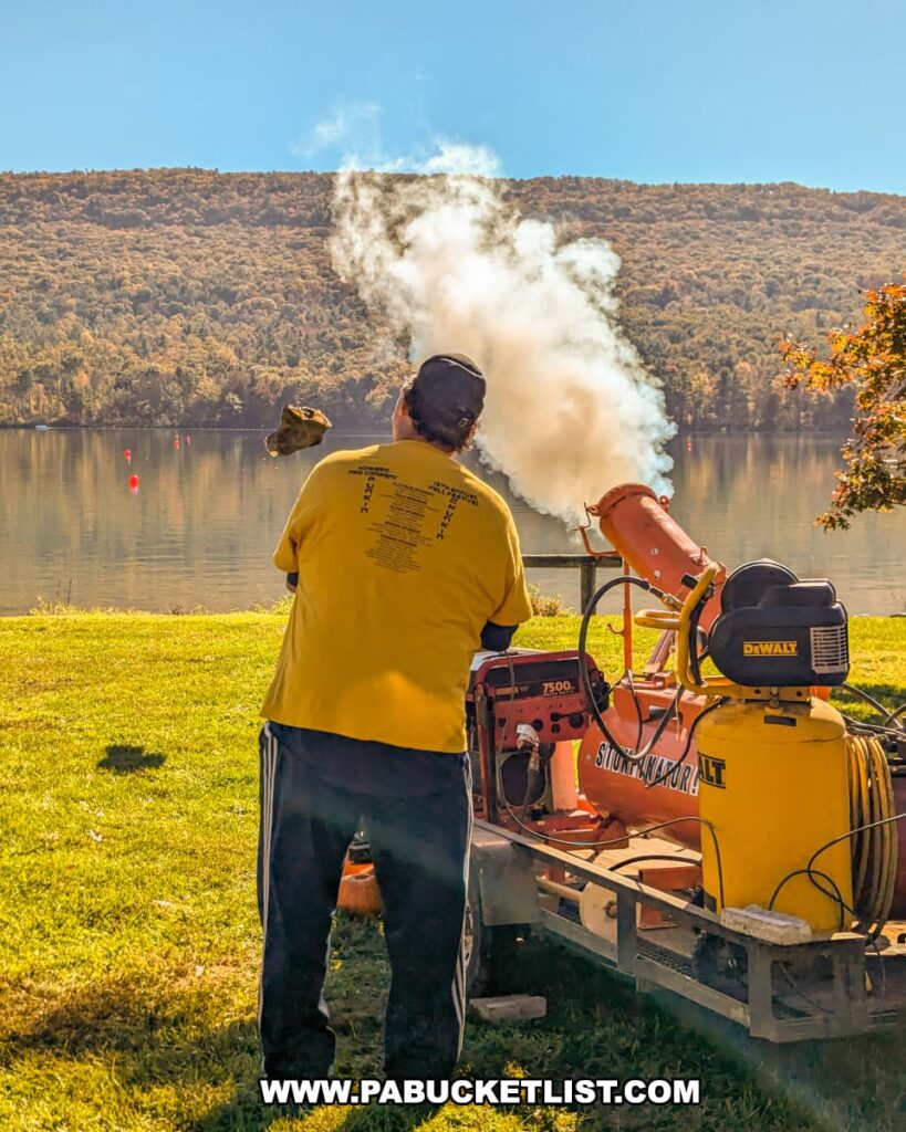 A man in a yellow shirt operates a small orange air cannon launching a pumpkin over Sayers Lake during the Punkin Chunkin Fall Festival at Bald Eagle State Park in Centre County, PA, with smoke billowing from the cannon and autumn-colored hills in the background.