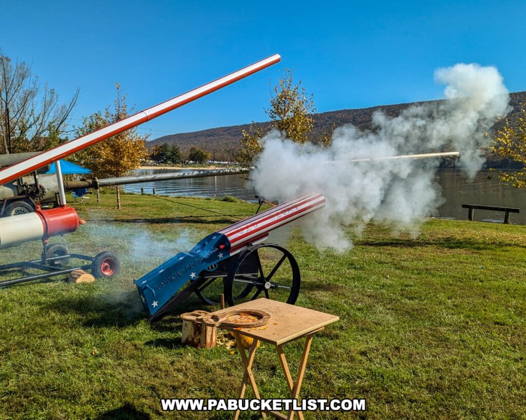 A small red, white, and blue pumpkin cannon fires with a burst of smoke along the shore of Sayers Lake during the Punkin Chunkin Fall Festival at Bald Eagle State Park in Centre County, PA, with autumn foliage covering the surrounding hills.