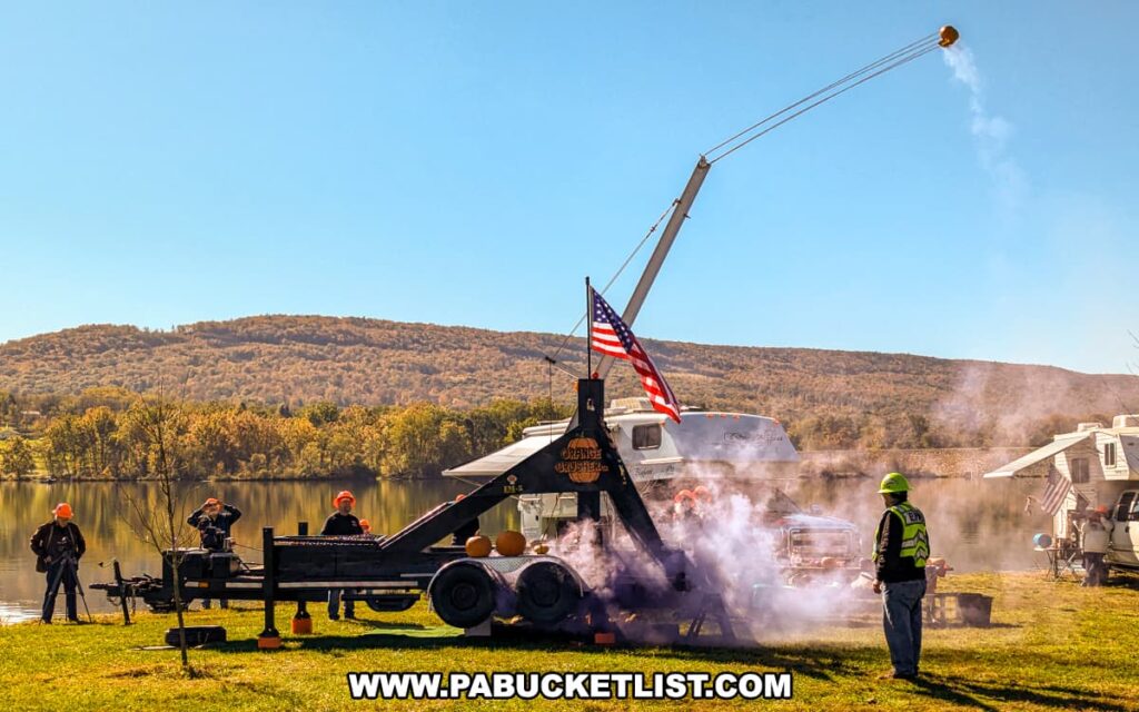 The “Orange Crusher” trebuchet launches a pumpkin high into the sky over Sayers Lake during the Punkin Chunkin Fall Festival at Bald Eagle State Park in Centre County, PA, with participants in safety gear watching and autumn foliage on the surrounding hills.