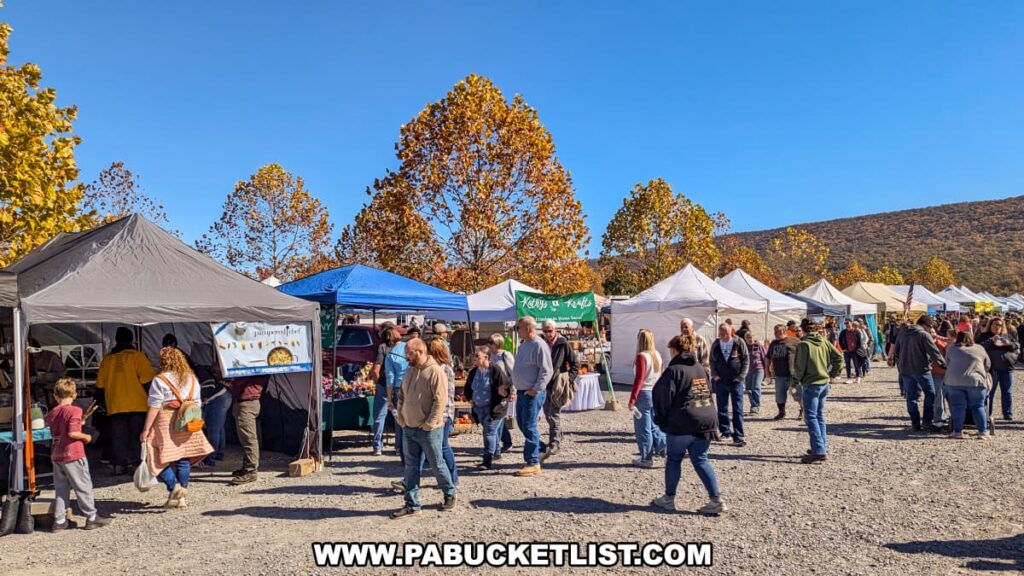 Visitors browse rows of colorful vendor tents selling crafts, food, and handmade goods at the Punkin Chunkin Fall Festival at Bald Eagle State Park in Centre County, PA, with autumn foliage and mountain views in the background.