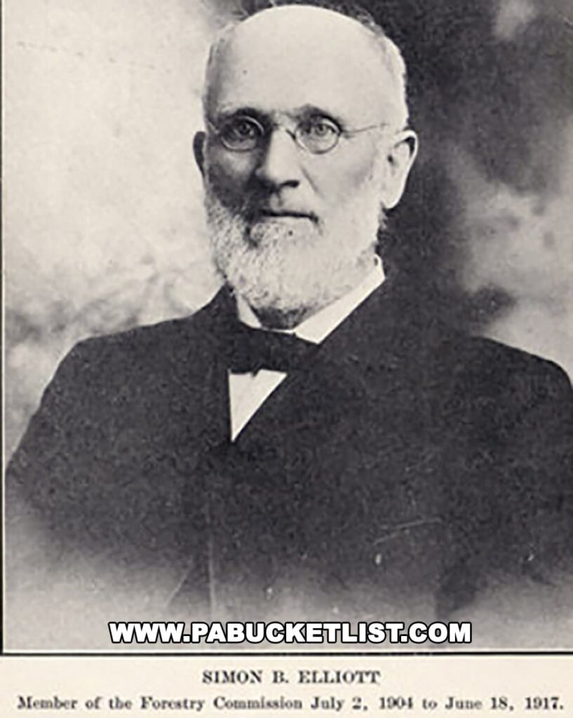 Historic black-and-white portrait of Simon B. Elliott, namesake of SB Elliott State Park in Clearfield County, Pennsylvania, remembered as a state legislator and conservationist who advocated for replanting forests to prevent erosion and fires.