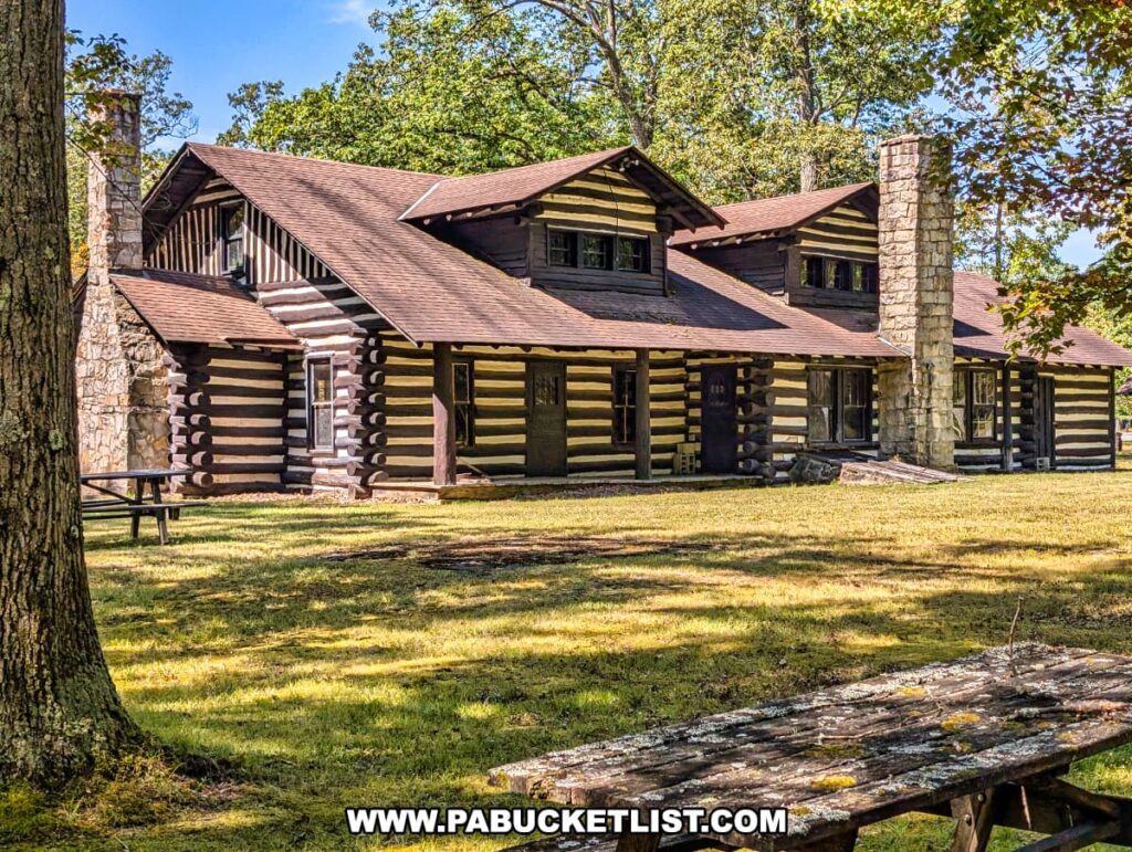 Civilian Conservation Corps–built lodge at SB Elliott State Park in Clearfield County, Pennsylvania, featuring a large rustic log structure with stone chimneys and surrounded by grassy picnic areas and tall shade trees.
