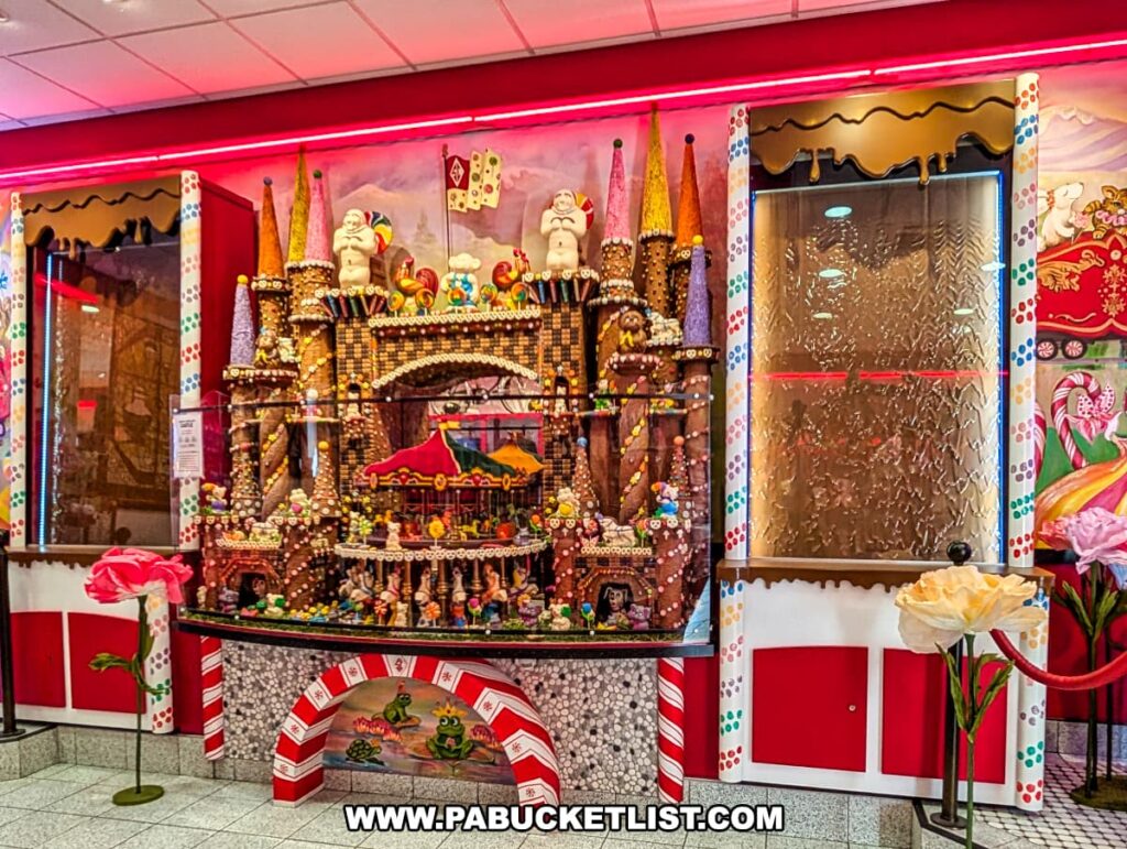 Elaborate chocolate castle display at Sarris Candies’ Chocolate Factory and Ice Cream Parlour in Canonsburg, PA, featuring candy-coated towers, whimsical figures, a colorful carousel, and a mural backdrop in a vibrant candy-themed setting.