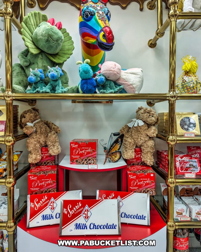 Display shelves at Sarris Candies’ Chocolate Factory and Ice Cream Parlour in Canonsburg, PA, featuring large milk chocolate bars, boxes of chocolate-covered pretzels, plush teddy bears, stuffed dragons, and a colorful decorative horse head.