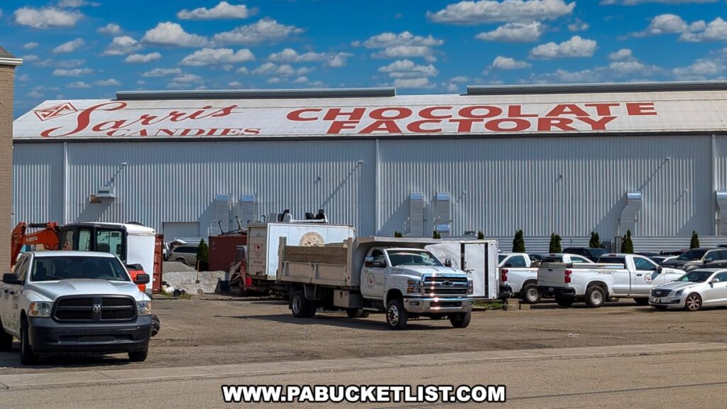 Exterior view of Sarris Candies’ Chocolate Factory in Canonsburg, PA, with large red lettering on the building, parked trucks and cars in front, and a bright blue sky with scattered clouds overhead.