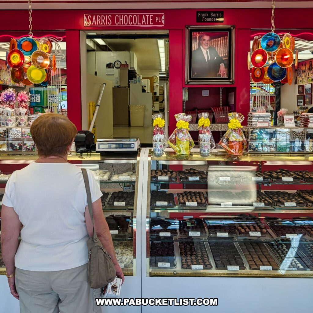 Customer browsing a glass display case filled with assorted chocolates at Sarris Candies’ Chocolate Factory and Ice Cream Parlour in Canonsburg, PA, with gift baskets on the counter, colorful hanging lights above, and a portrait of founder Frank Sarris on the wall.