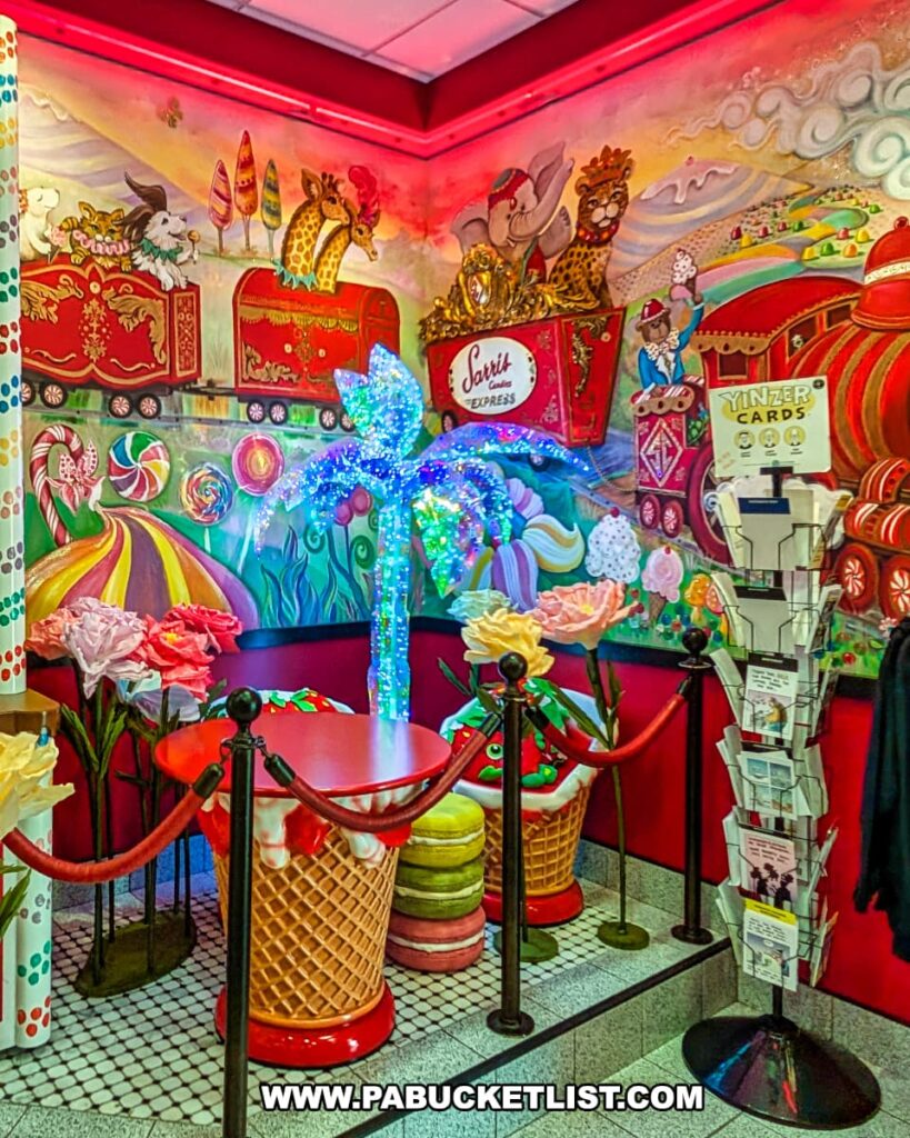 Colorful corner display at Sarris Candies’ Chocolate Factory and Ice Cream Parlour in Canonsburg, PA, featuring a whimsical mural of the Sarris Candy Express train, oversized candy and ice cream decorations, bright floral accents, and a lit-up candy-themed tree surrounded by greeting card racks.