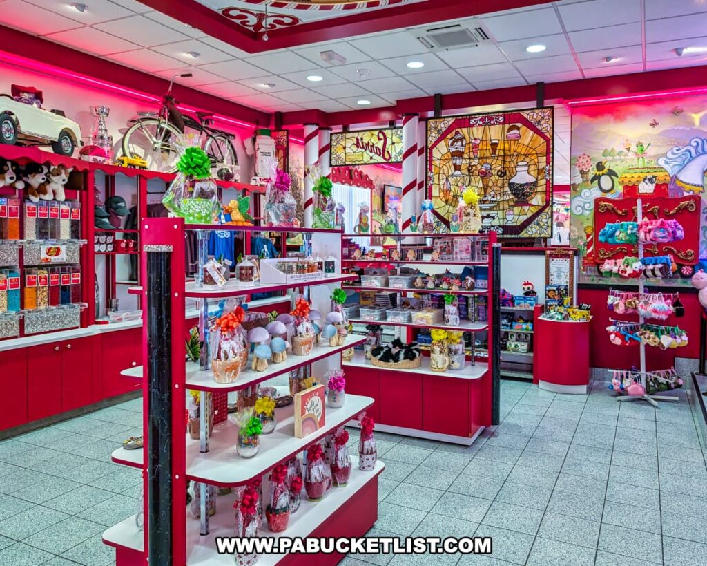Gift shop area inside Sarris Candies’ Chocolate Factory and Ice Cream Parlour in Canonsburg, PA, featuring shelves of candy gift baskets, plush toys, jelly bean dispensers, and colorful stained-glass artwork on the walls.