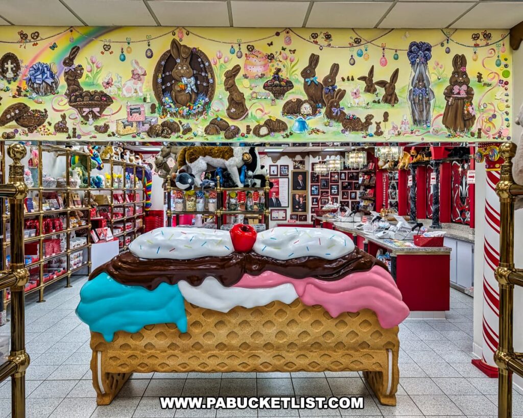 Interior of Sarris Candies’ Chocolate Factory and Ice Cream Parlour in Canonsburg, PA, featuring a large ice cream sundae sculpture, shelves filled with boxed chocolates and plush toys, and a colorful mural of chocolate bunnies and Easter-themed decorations along the upper wall.