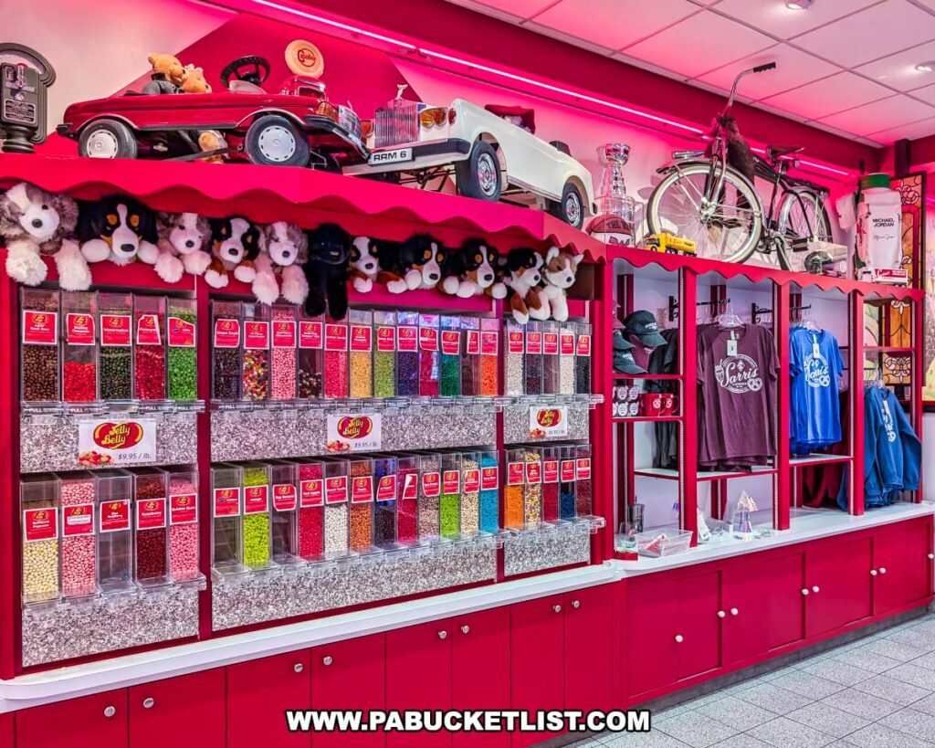 Wall of candy dispensers at Sarris Candies’ Chocolate Factory and Ice Cream Parlour in Canonsburg, PA, featuring rows of colorful Jelly Belly bins, plush toys, retro pedal cars, vintage bicycles, and Sarris-branded apparel on display.