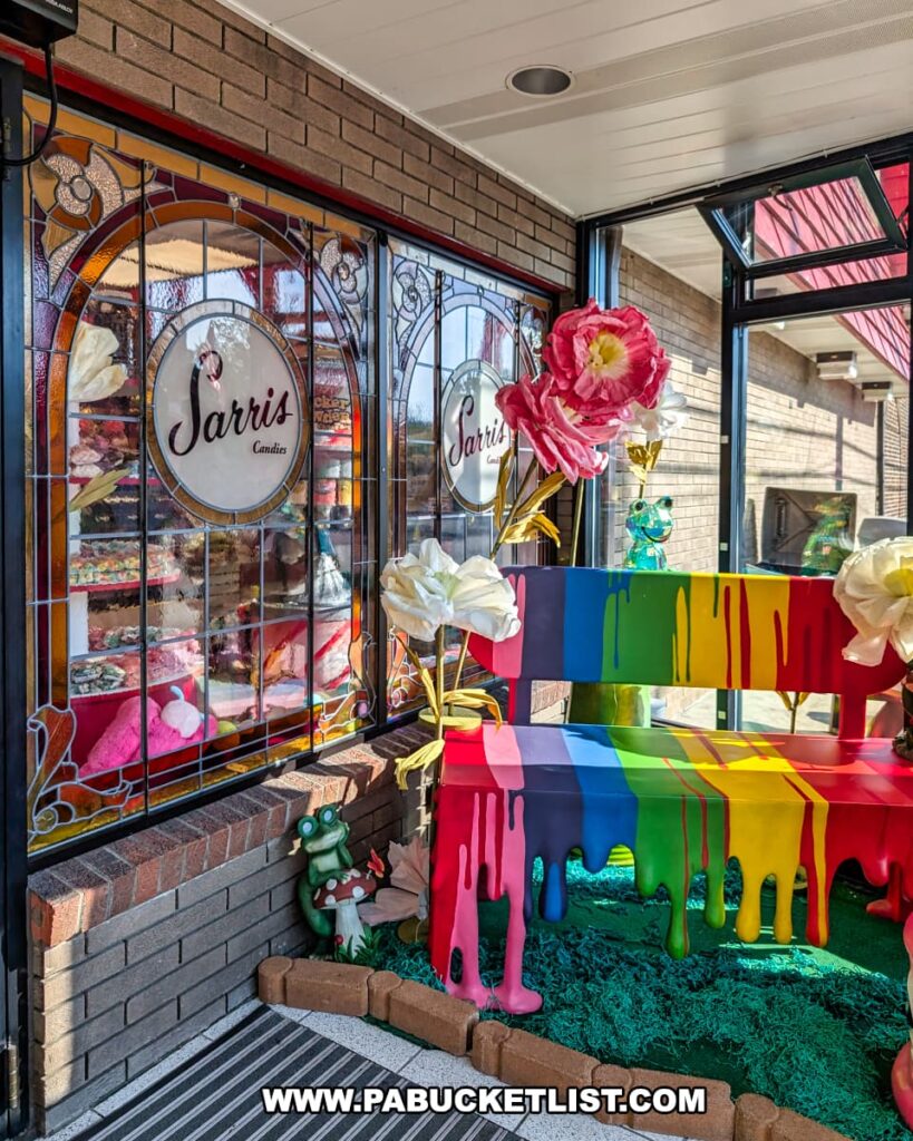 Colorful entrance display at Sarris Candies’ Chocolate Factory and Ice Cream Parlour in Canonsburg, PA, featuring stained-glass windows with the Sarris logo, oversized decorative flowers, a rainbow-painted bench, and whimsical candy-themed accents.