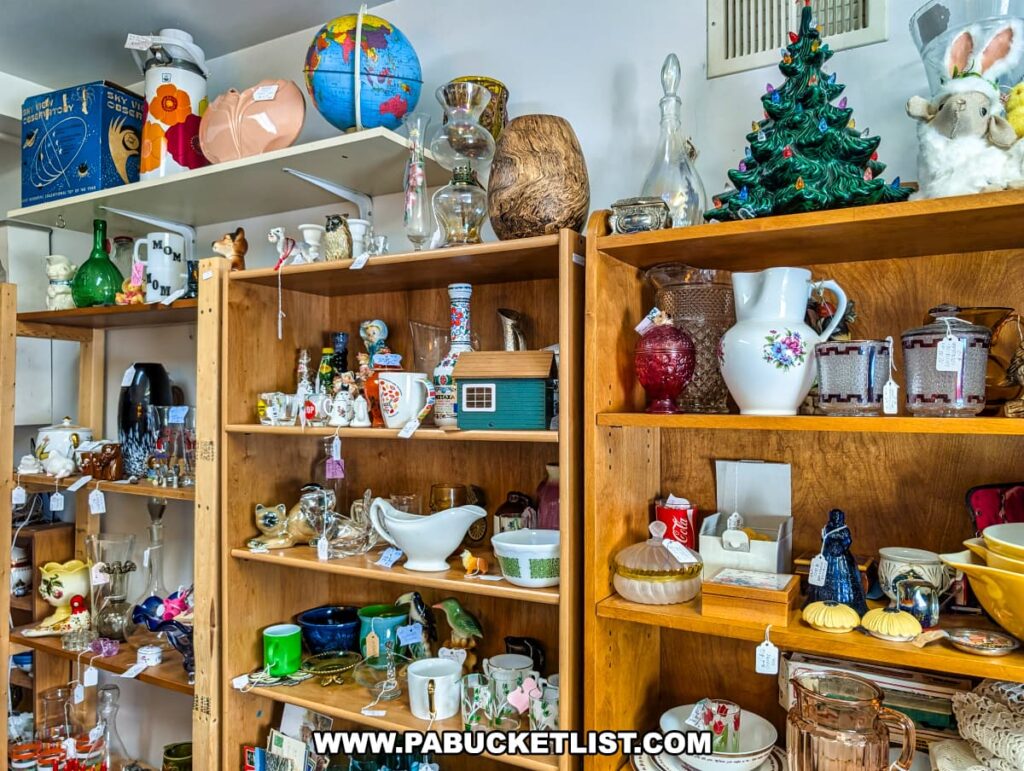 Wooden shelves at Vintage Secrets Antiques in Canonsburg, Washington County, PA, filled with a variety of vintage glassware, pottery, ceramics, holiday décor, collectibles, and small decorative items in the multi-vendor antique mall.