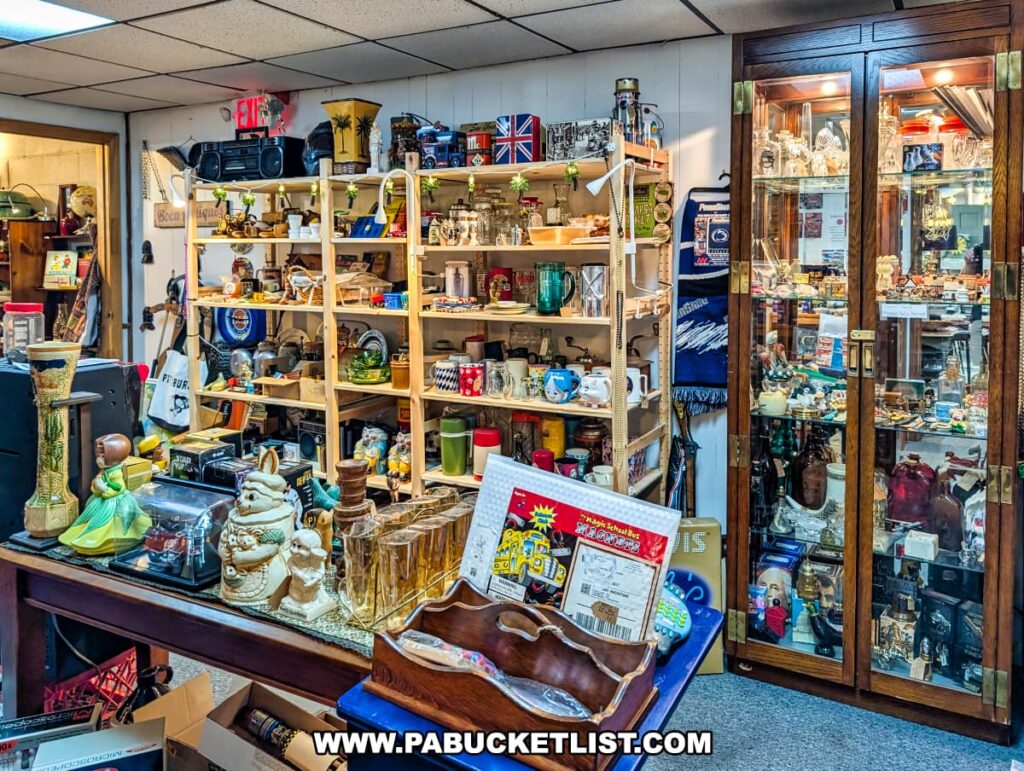 Display area inside Vintage Secrets Antiques in Canonsburg, Washington County, PA, featuring shelves and glass cabinets filled with collectibles, vintage décor, glassware, figurines, and retro items in the multi-vendor antique mall.