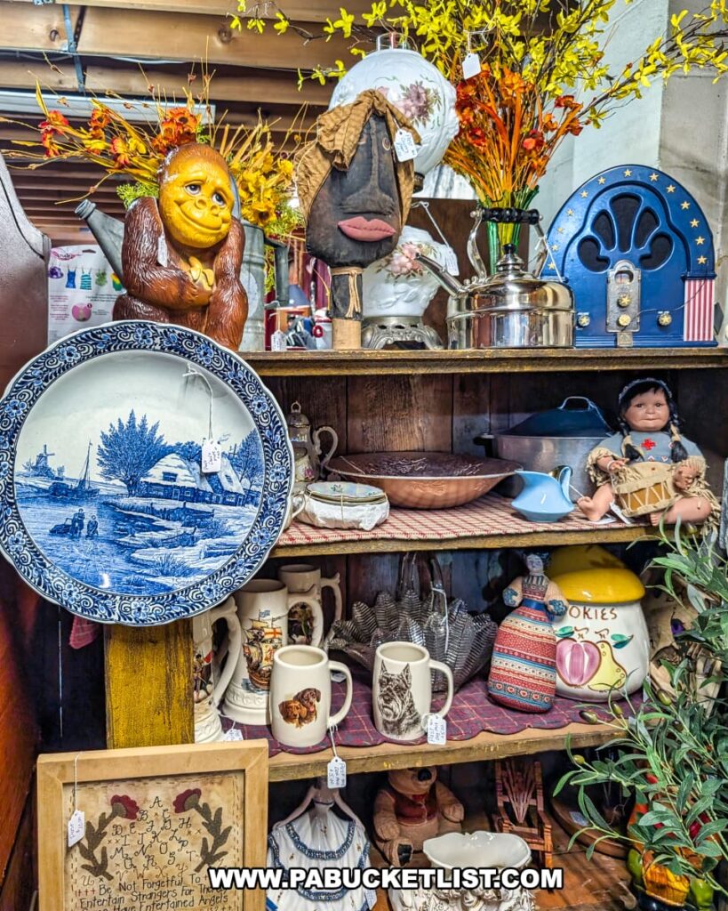 Shelf display at Vintage Secrets Antiques in Canonsburg, Washington County, PA, featuring an assortment of vintage dishware, steins, pottery, dolls, cookie jars, decorative plates, floral arrangements, and unique collectible figurines in the multi-vendor antique mall.