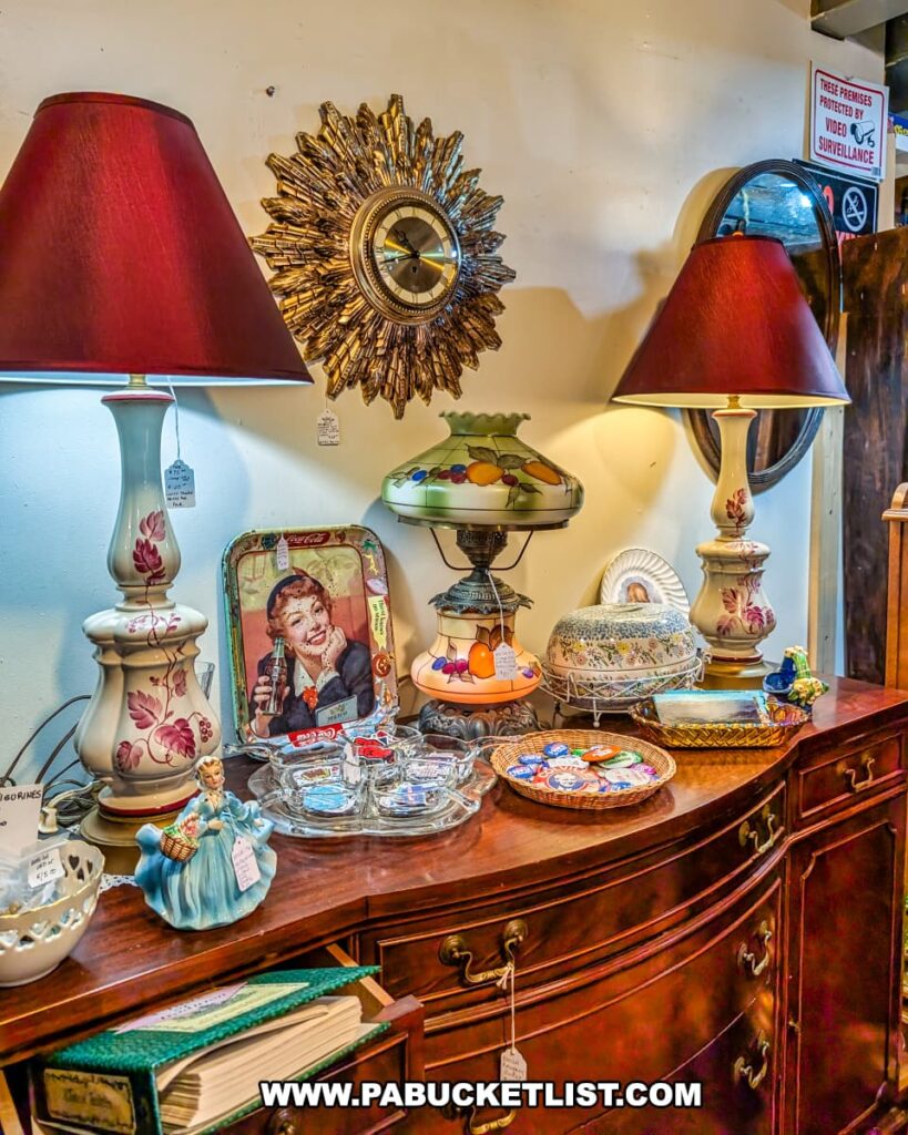 Vintage display at Vintage Secrets Antiques in Canonsburg, Washington County, PA, featuring floral table lamps with red shades, a retro Coca-Cola serving tray, mid-century wall clock, decorative figurines, and glassware arranged on a wooden sideboard.