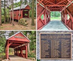 Collage of four photos of the McClurg Covered Bridge in Washington County, Pennsylvania, showing side and front views of the red 1880 Kingpost truss bridge, the interior walkway, and a plaque detailing its 1987 relocation, 1988 restoration, and list of donors.