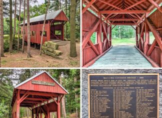 Collage of four photos of the McClurg Covered Bridge in Washington County, Pennsylvania, showing side and front views of the red 1880 Kingpost truss bridge, the interior walkway, and a plaque detailing its 1987 relocation, 1988 restoration, and list of donors.