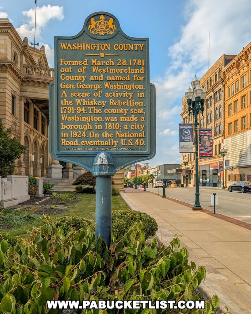 Washington County historical marker in front of the county courthouse in Washington, PA.