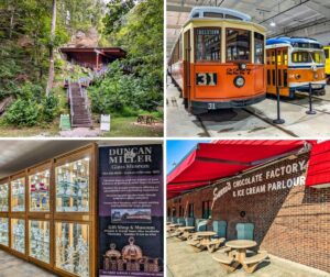 A collage of 4 attractions from Washington County, PA including Meadowcroft, the Pennsylvania Trolley Museum, the Duncan and Miller Glass Museum, and Sarris Chocolate Factory.