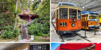A collage of 4 attractions from Washington County, PA including Meadowcroft, the Pennsylvania Trolley Museum, the Duncan and Miller Glass Museum, and Sarris Chocolate Factory.
