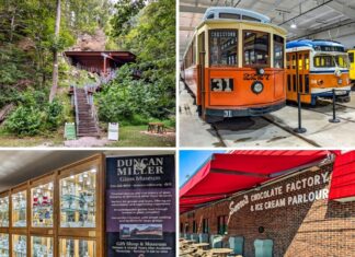 A collage of 4 attractions from Washington County, PA including Meadowcroft, the Pennsylvania Trolley Museum, the Duncan and Miller Glass Museum, and Sarris Chocolate Factory.