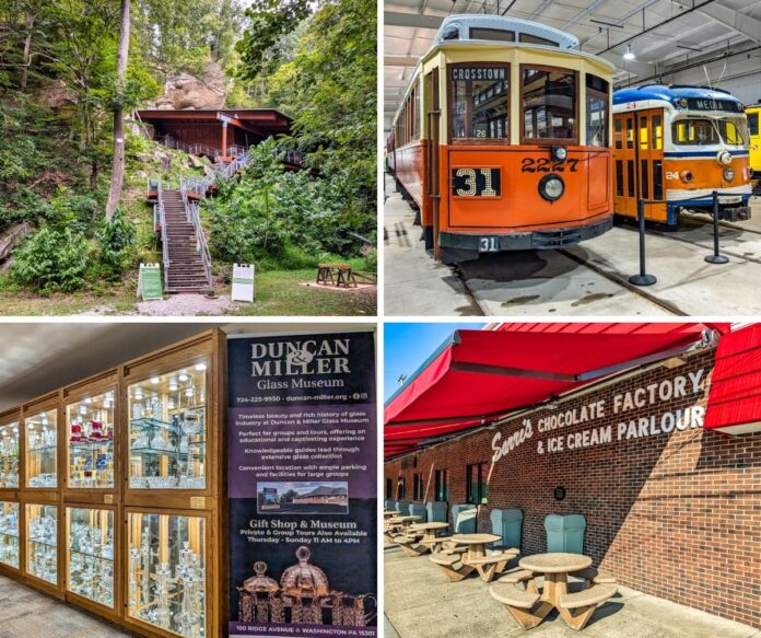 A collage of 4 attractions from Washington County, PA including Meadowcroft, the Pennsylvania Trolley Museum, the Duncan and Miller Glass Museum, and Sarris Chocolate Factory.