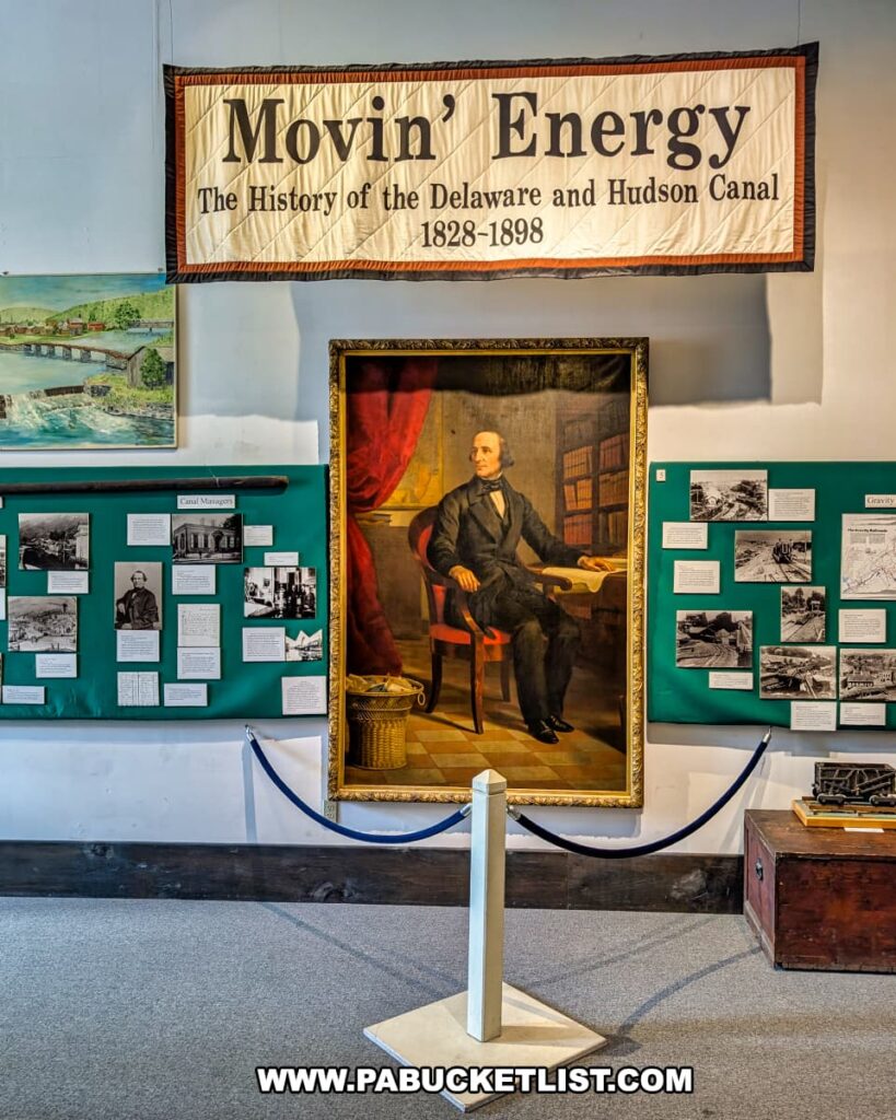 Exhibit at the Wayne County Historical Society Museum in Honesdale, Pennsylvania featuring a portrait, historic photos, and interpretive panels beneath a banner titled “Movin’ Energy: The History of the Delaware and Hudson Canal 1828–1898,” inside the former 1860 headquarters of the Delaware & Hudson Canal Company.