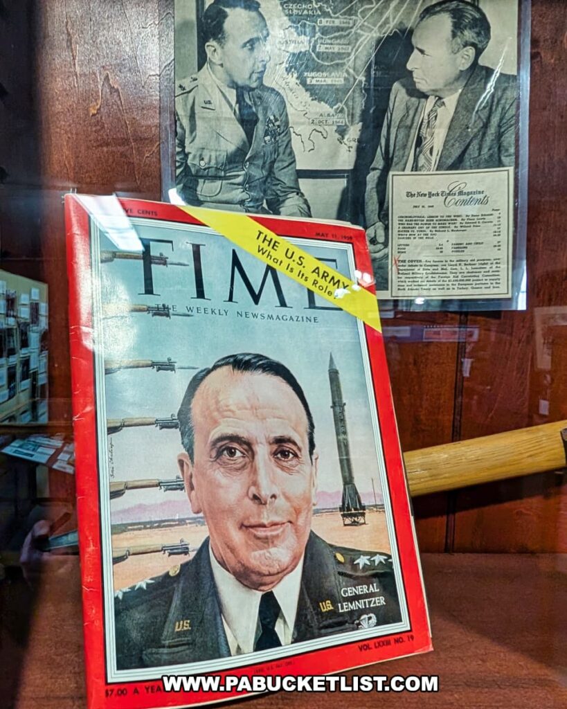 Display at the Wayne County Historical Society Museum in Honesdale, Pennsylvania featuring a 1959 Time magazine cover with General Lyman Lemnitzer, a Wayne County native and four-star U.S. Army general, along with historic photos highlighting his military career.