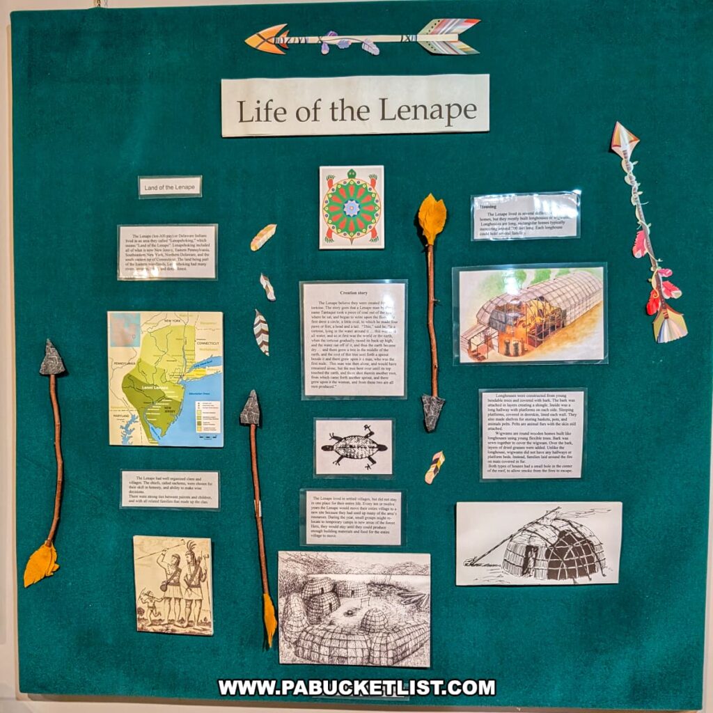 “Life of the Lenape” exhibit at the Wayne County Historical Society Museum in Honesdale, Pennsylvania, featuring maps, illustrations, and interpretive panels about Lenape traditions, creation stories, and daily life, accented with replica arrowheads and arrows.