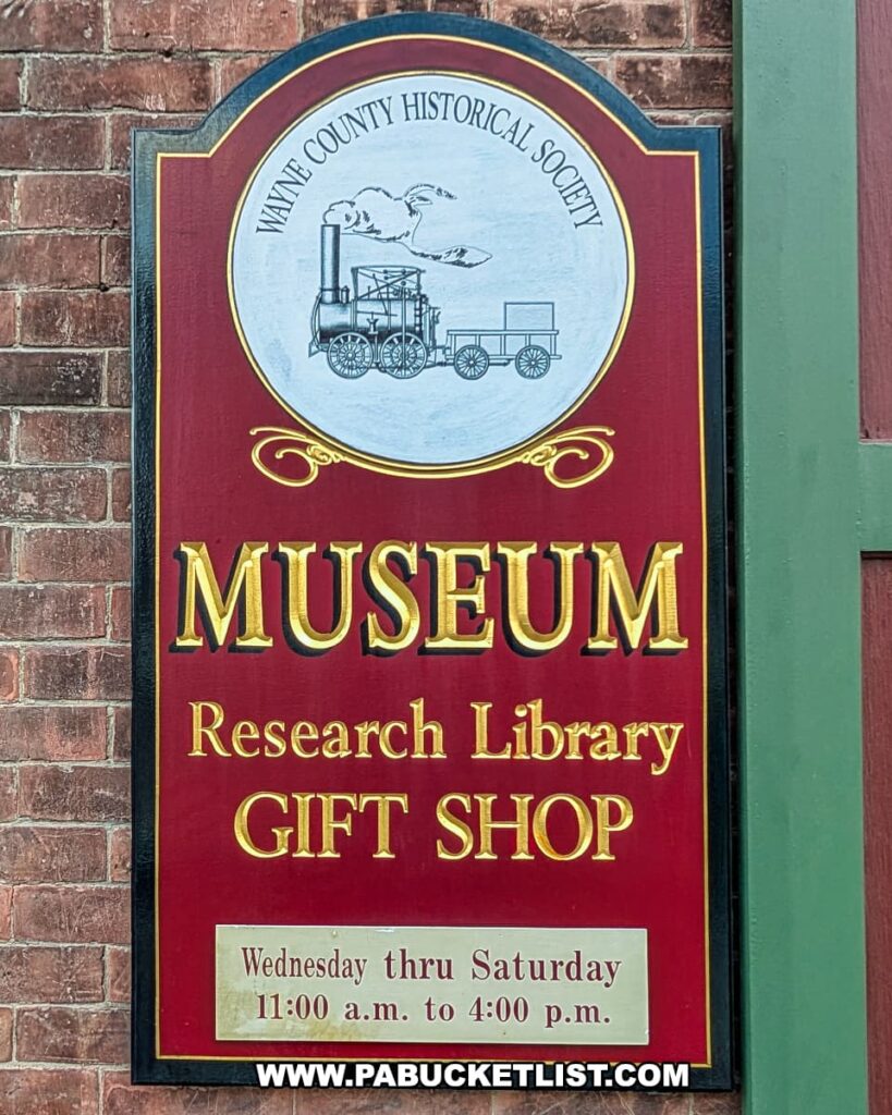 Wayne County Historical Society Museum sign in Honesdale, Pennsylvania, mounted on the historic 1860 Delaware & Hudson Canal Company building, listing museum, research library, and gift shop hours from Wednesday through Saturday.