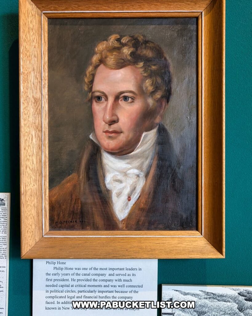 Portrait of Philip Hone, first president of the Delaware & Hudson Canal Company and namesake of Honesdale, on display at the Wayne County Historical Society Museum in Pennsylvania, accompanied by interpretive text about his role in the canal’s early history.