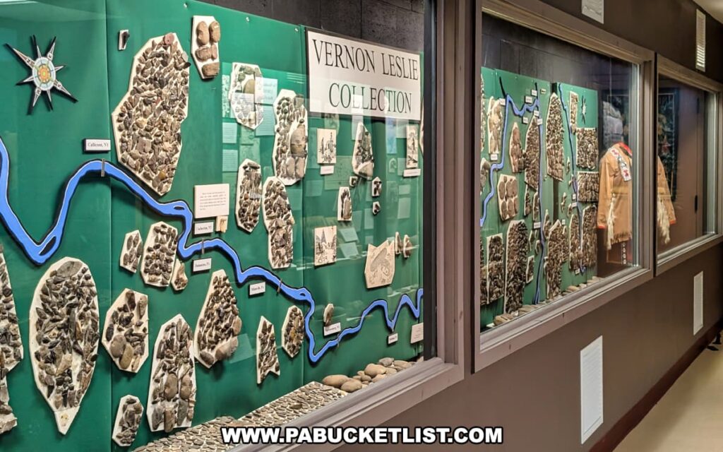 Vernon Leslie Collection exhibit at the Wayne County Historical Society Museum in Honesdale, Pennsylvania, displaying hundreds of Native American arrowheads and stone tools arranged on a large map tracing the Delaware River and surrounding region.