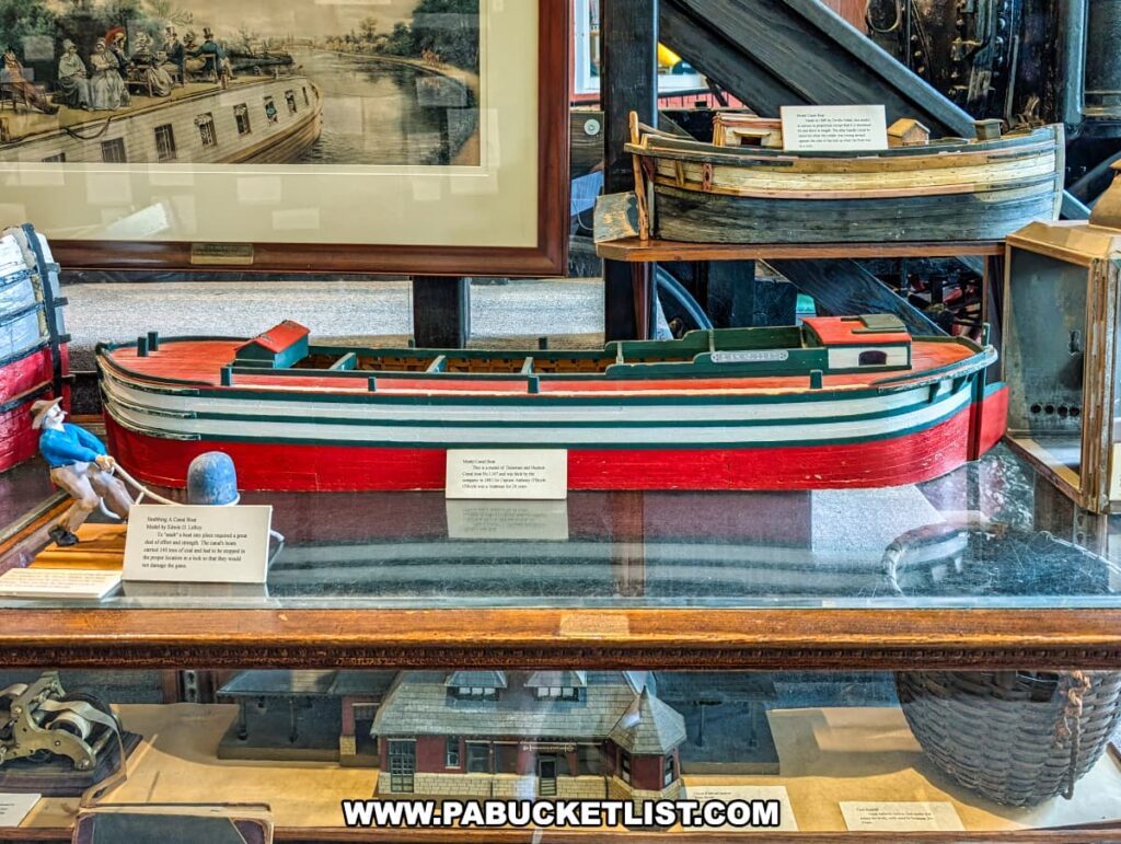 Colorful model canal boats on display at the Wayne County Historical Society Museum in Honesdale, Pennsylvania, part of an exhibit highlighting the Delaware & Hudson Canal Company’s history inside their former 1860 headquarters building.